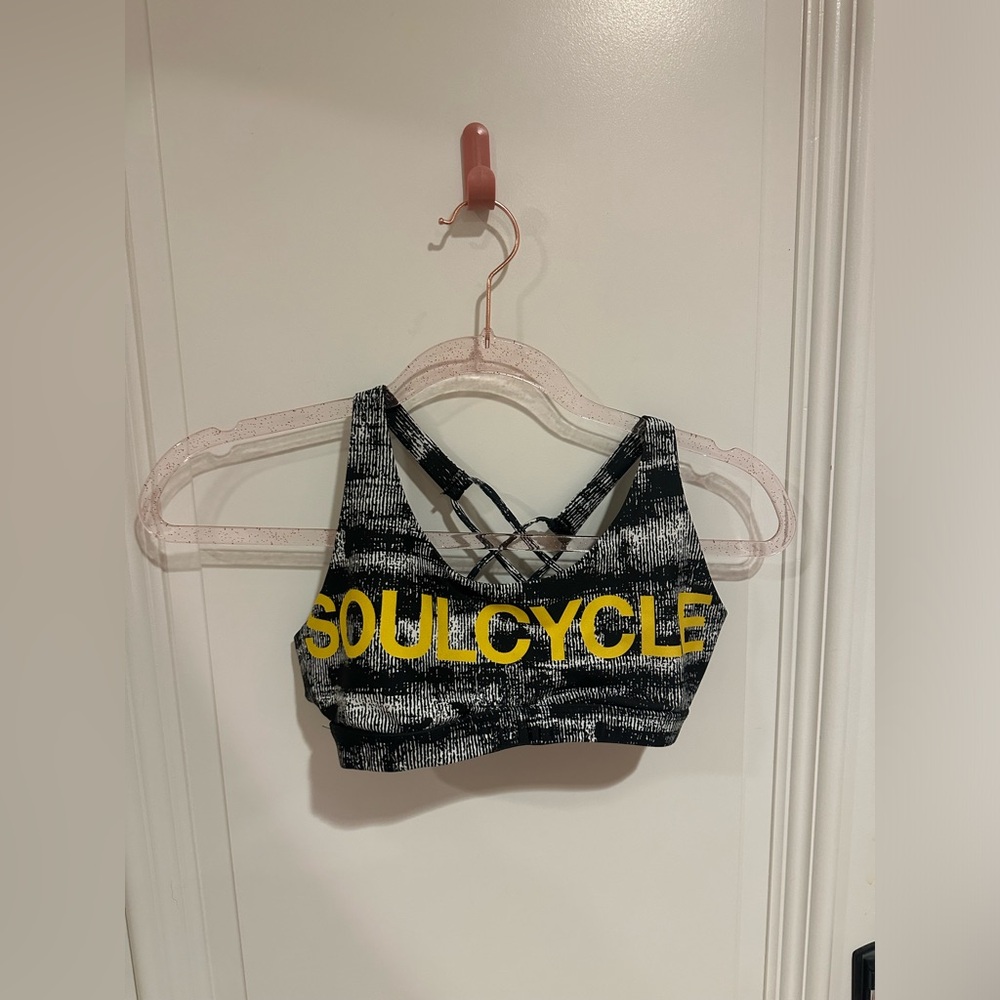 Soulcycle b&w yellow logo sports bra